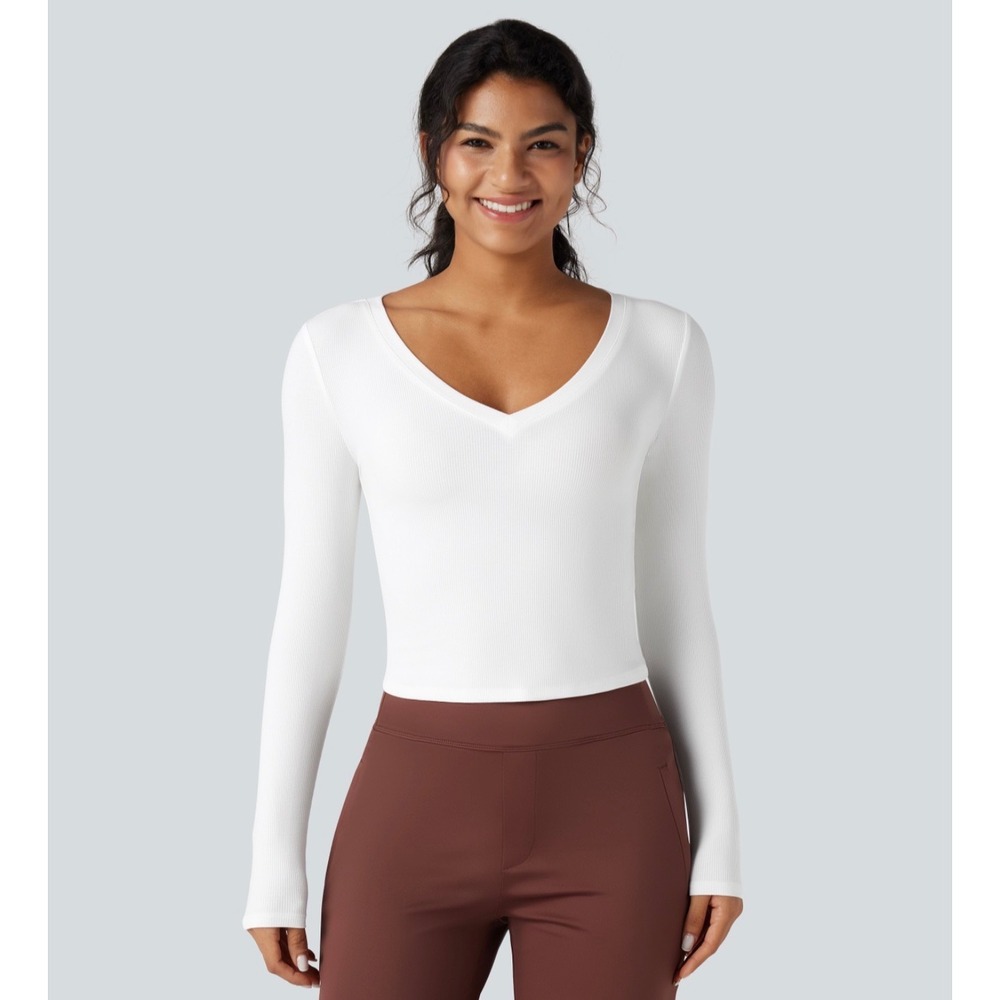 Halara White Ribbed Knit V Neck Long Sleeve Cropped Work T-Shirt XL 02976224